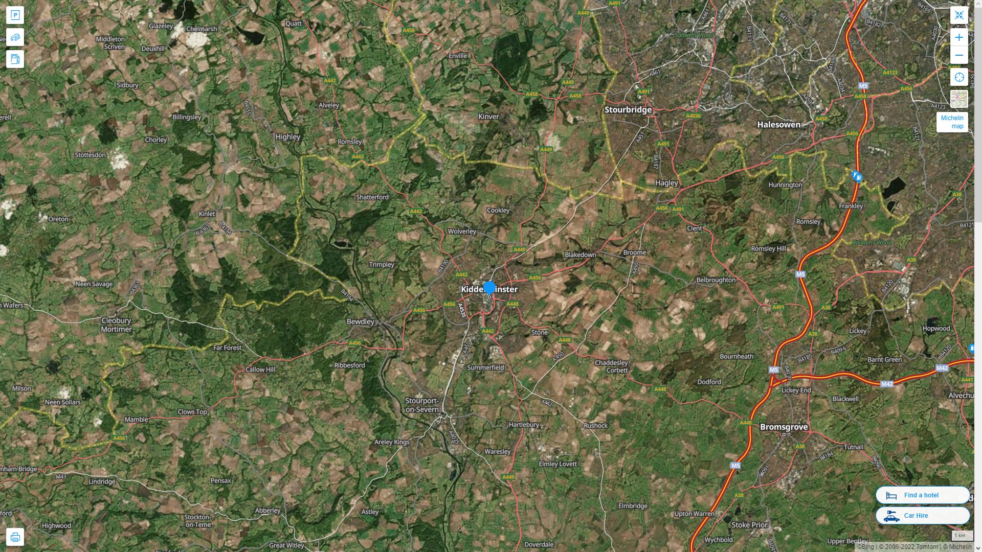 Kidderminster Royaume Uni Autoroute et carte routiere avec vue satellite